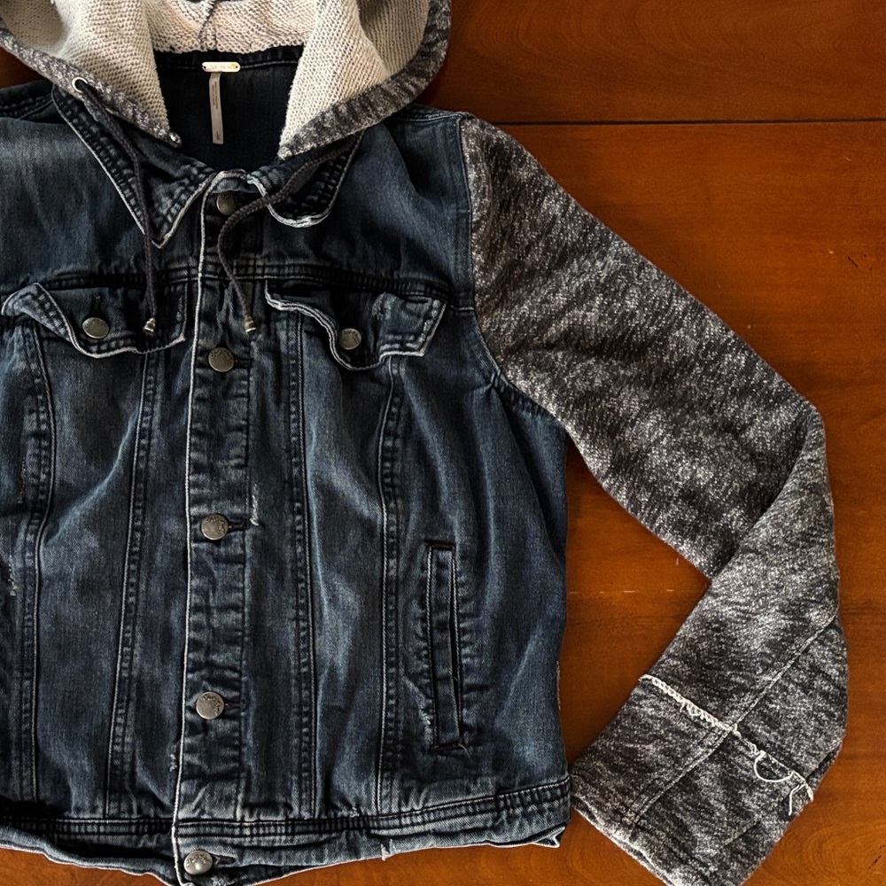 Free People Denim Jacket with Black and Gray Accents & Removable Hood. L - Picture 6 of 16